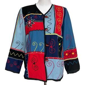 Indigo Moon Women’s Jacket Cardigan Patchwork Embroidered Art Toggle Button Sz S